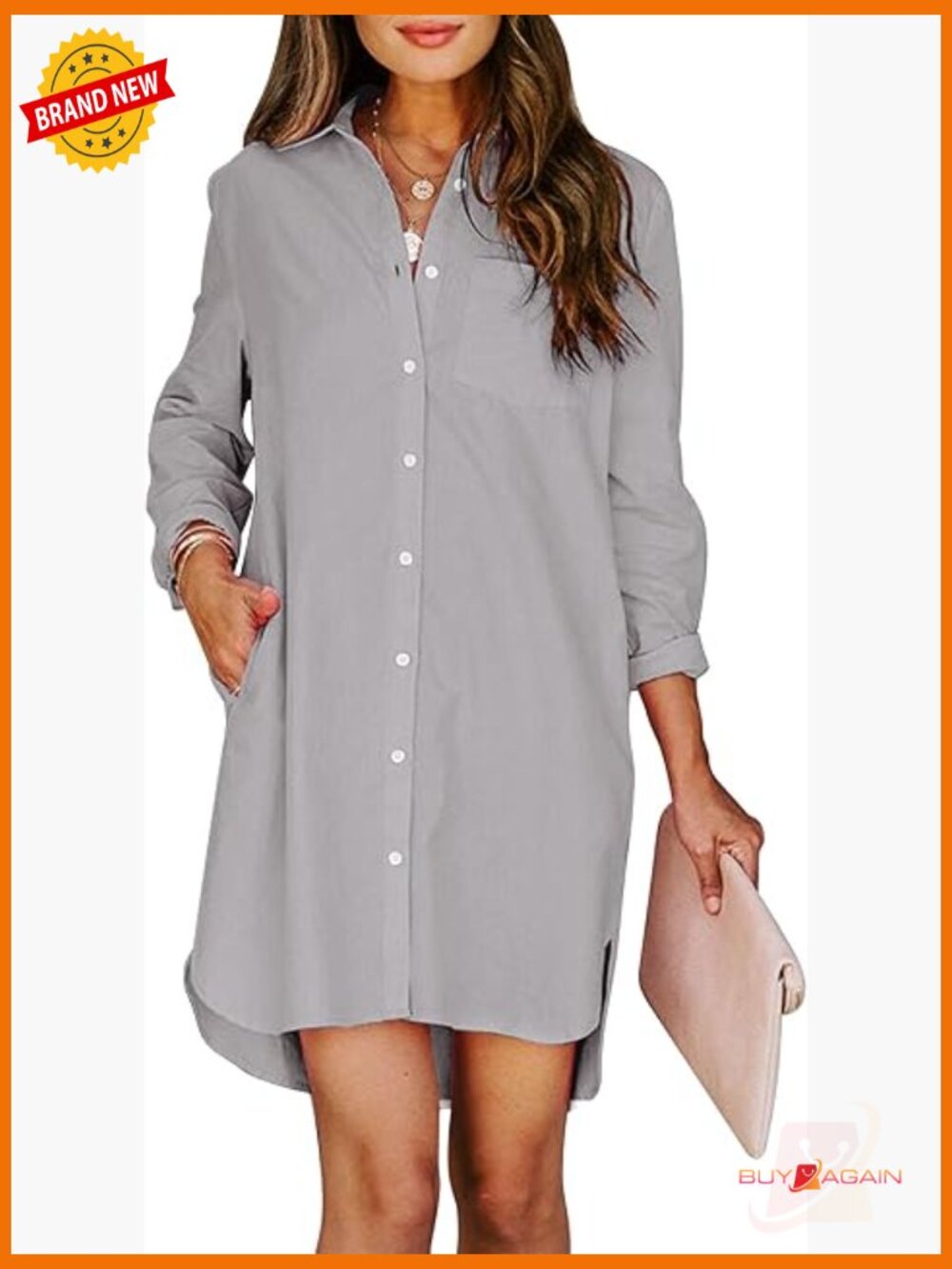 Womens Button Down Shirt Dress with Pockets Long Sleeve High Low Tunic Top